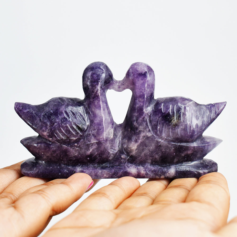 Exclusive  794.00 Carats  Genuine Lepidolite  Hand Carved  Crystal Swan Pair Gemstone Carving