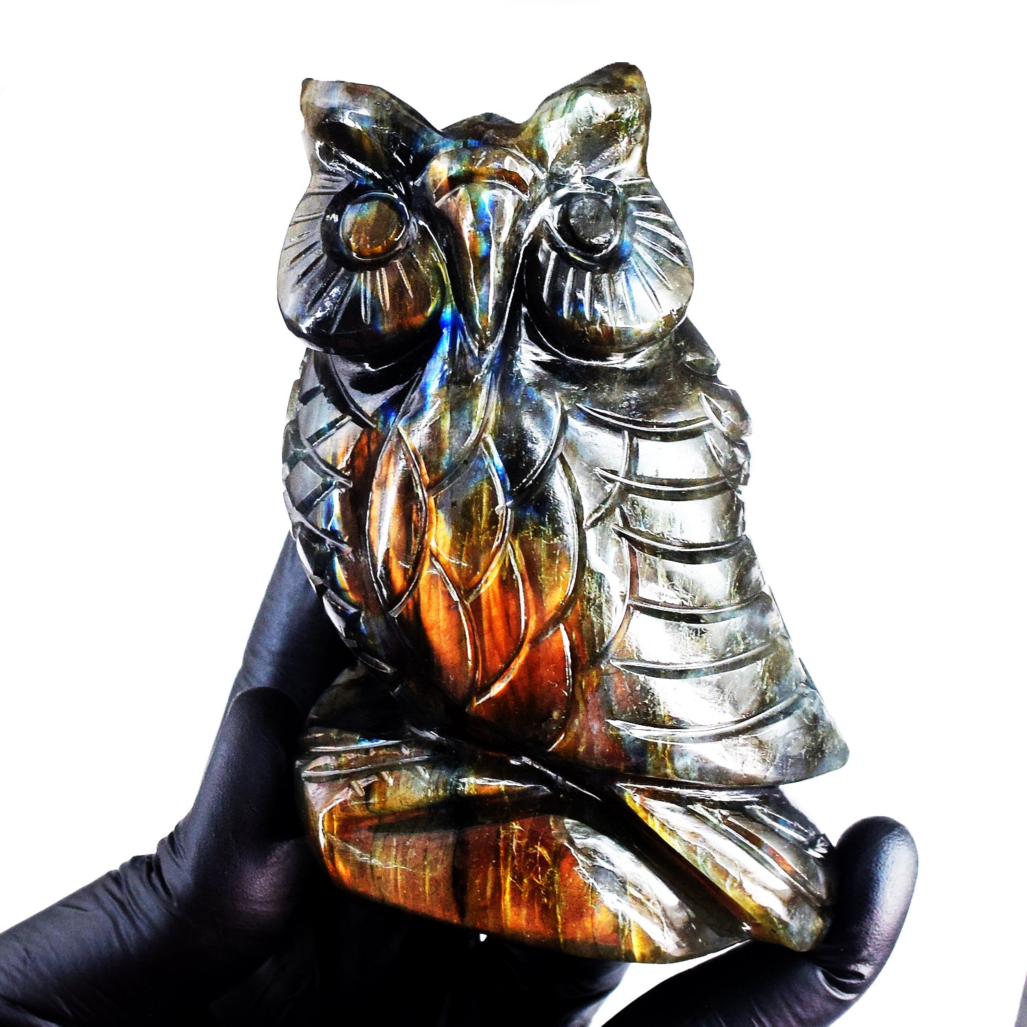 Gorgeous 2296.00 Cts Genuine Flashy Labradorite Hand Carved Premium Owl Crystal
