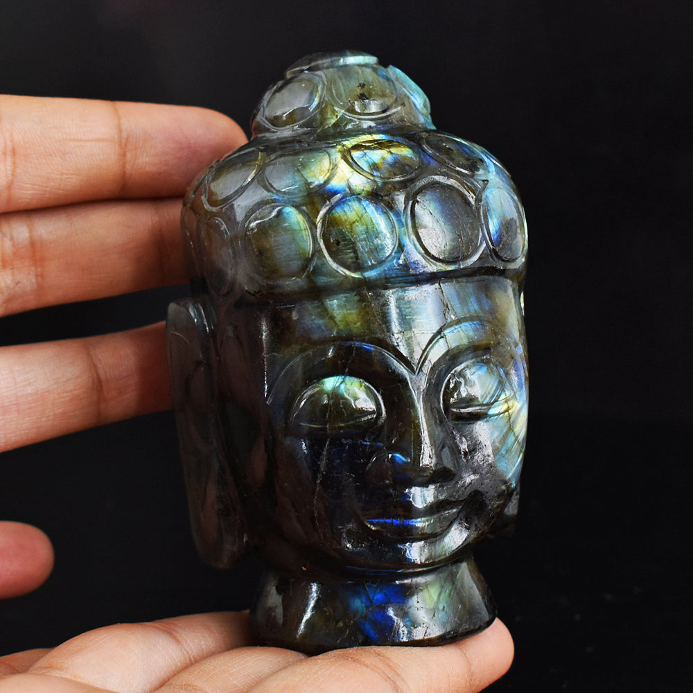 Gorgeous 1896.00 Cts Genuine Golden & Blue Flash  Labradorite Hand Carved Crystal Carving Buddha Head