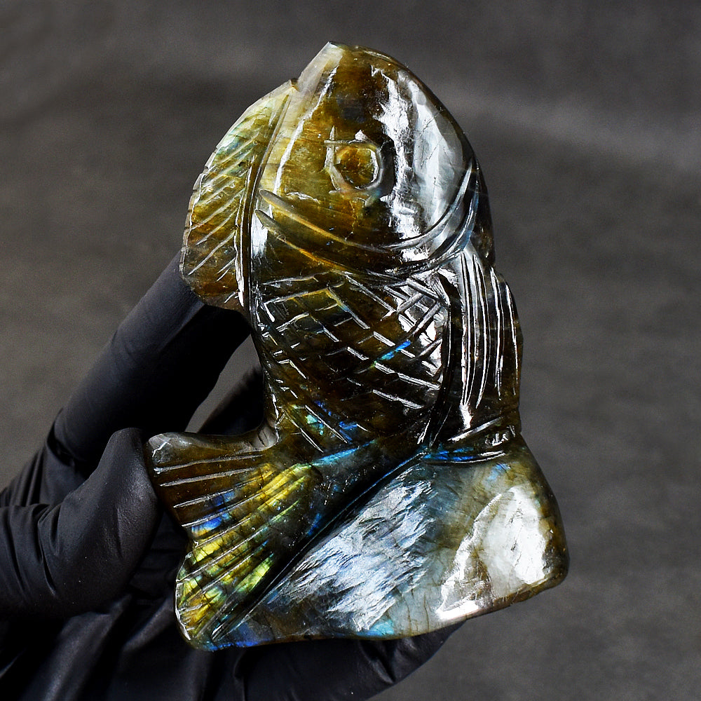 Fabulous 1100.00 Carats Genuine Amazing Flash Labradorite Hand Carved Crystal Gemstone Carving Fish