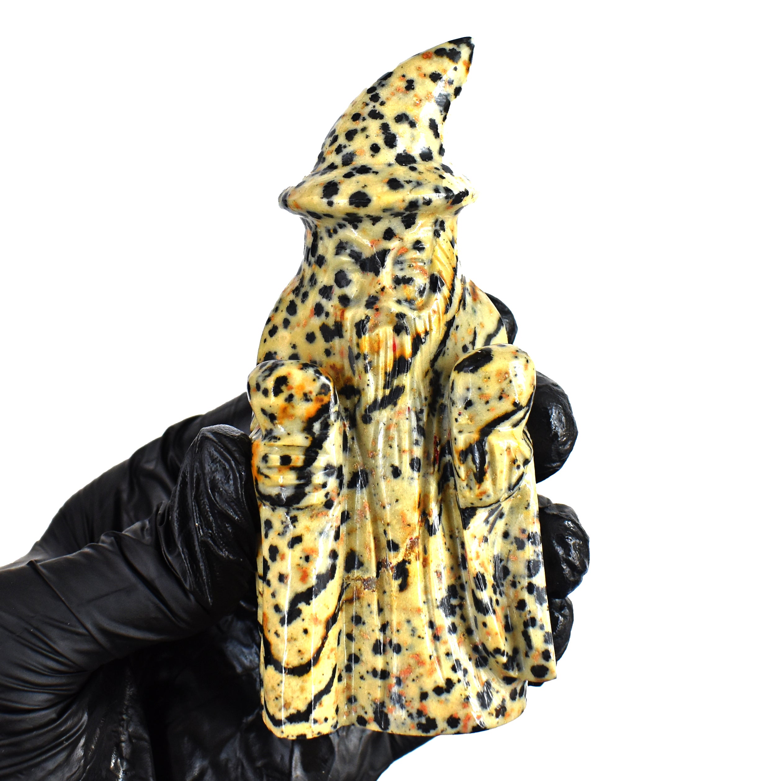 Amazing 860.00 Cts Genuine Dalmation Jasper Hand Carved Premium Wizard Crystal