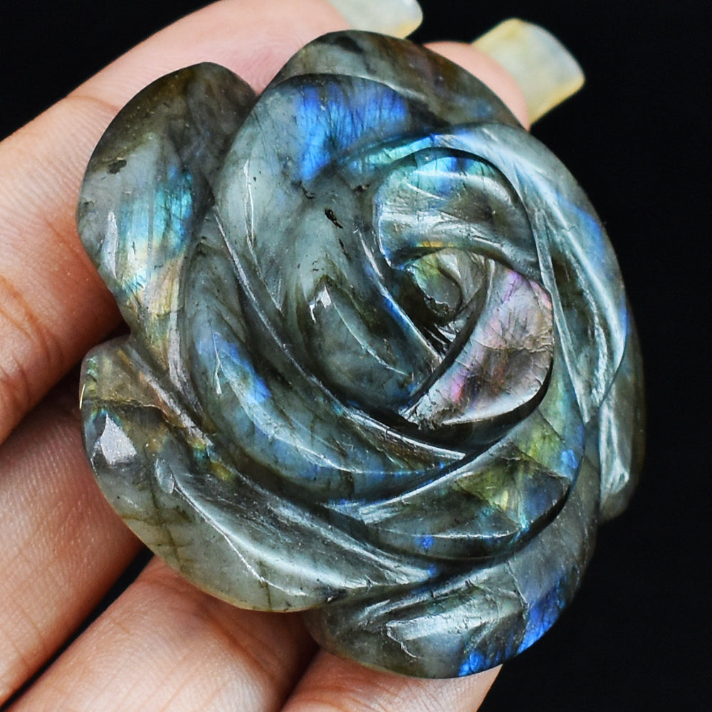 Amazing   Flash  Labradorite  237.00 Carats  Genuine   Hand  Carved  Gemstone  Rose  Flower Carving