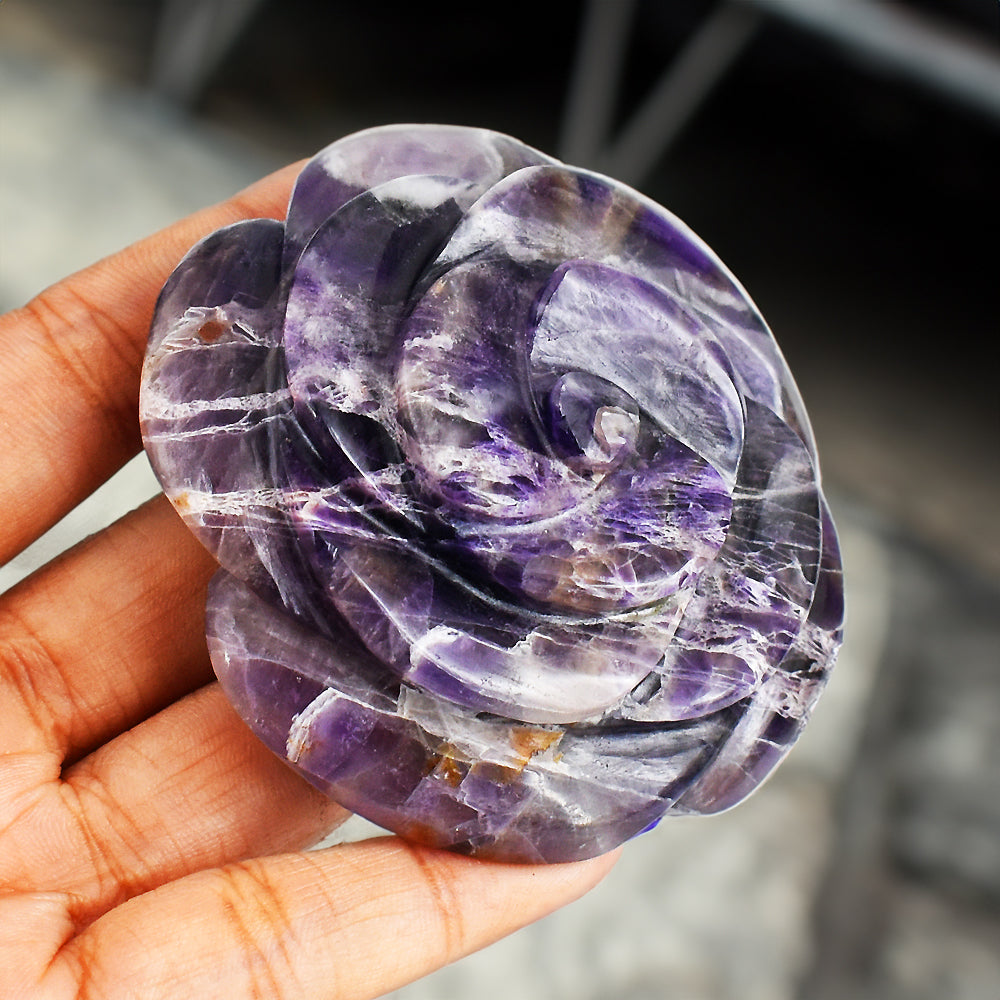 Amazing  608.00  Carats Genuine  Amethyst  Hand  Carved  Rose  Flower  Gemtone  Carving