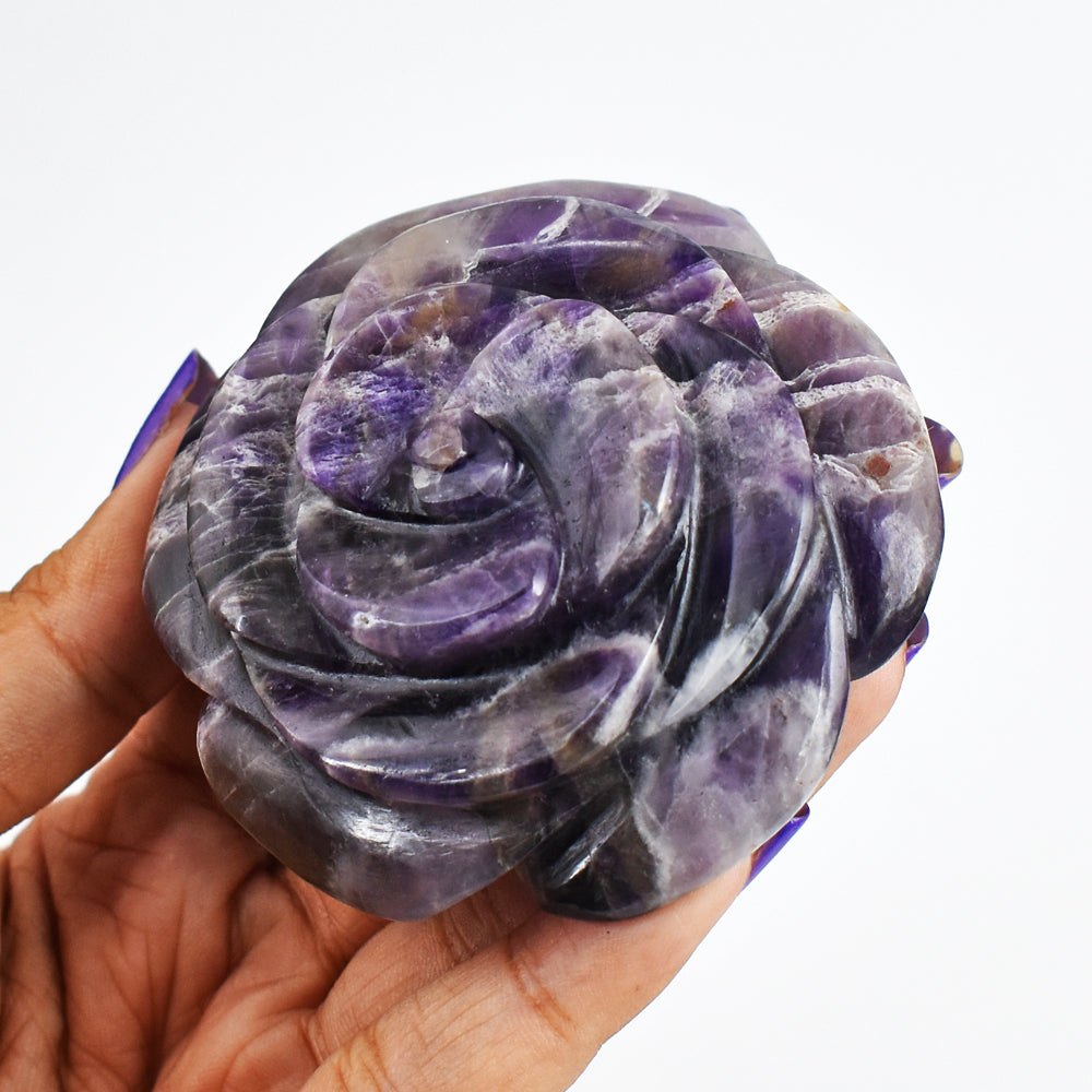 Amazing  608.00  Carats Genuine  Amethyst  Hand  Carved  Rose  Flower  Gemtone  Carving