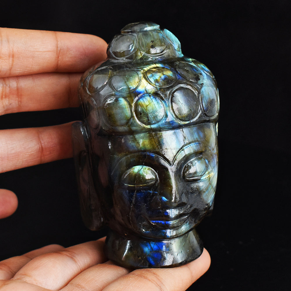 Gorgeous 1896.00 Cts Genuine Golden & Blue Flash  Labradorite Hand Carved Crystal Carving Buddha Head