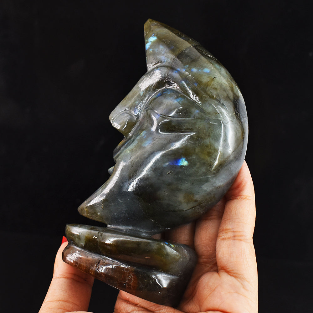 Genuine  1293.00 Carats Blue Flash Labradorite Moon With Stand Hand  Carved  Gemstone Carving