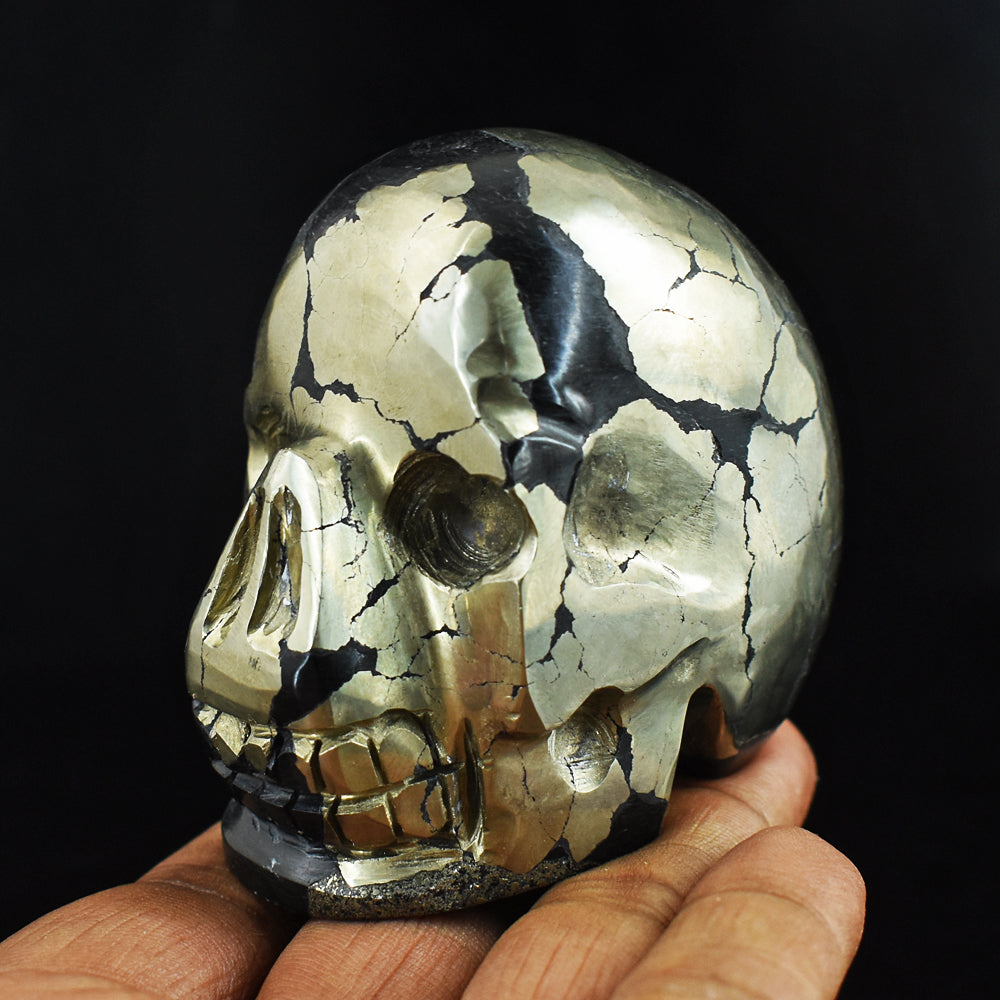 Artisian 1692.00 Carats Genuine Golden Pyrite  Hand Carved  Crystal Skull  Gemstone  Carving