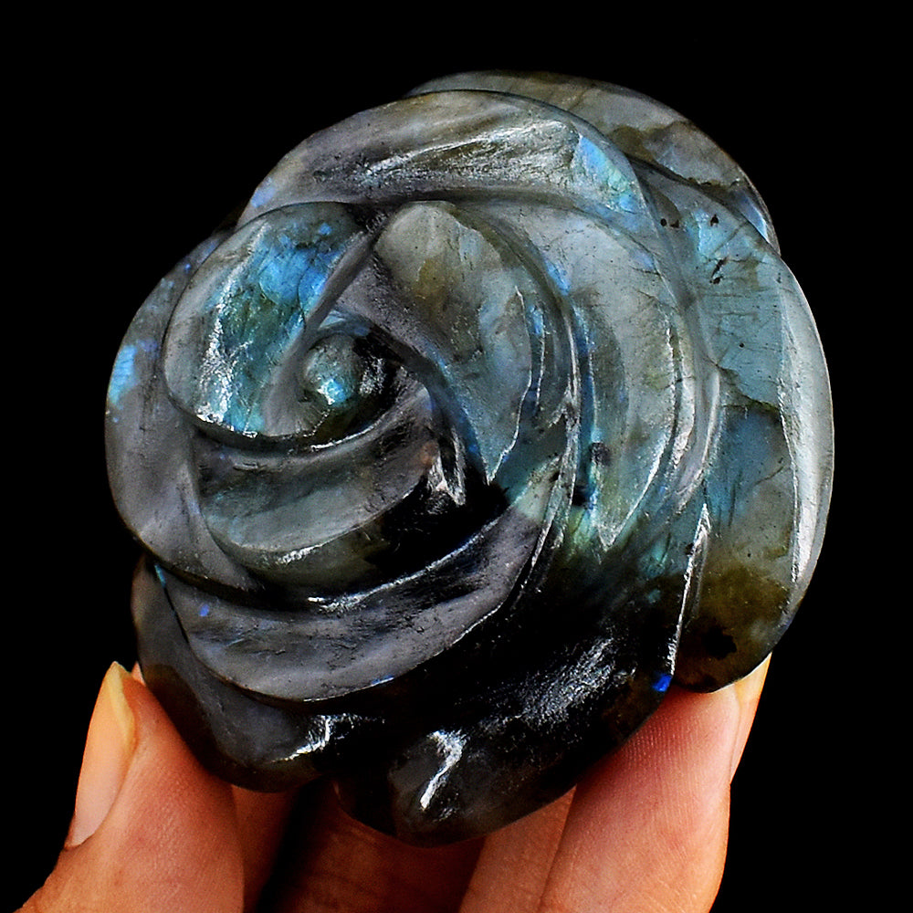 Gorgeous 538.00 Cts  Blue Flash Labradorite Hand  Carved Crystal  Rose  Gemstone Carving