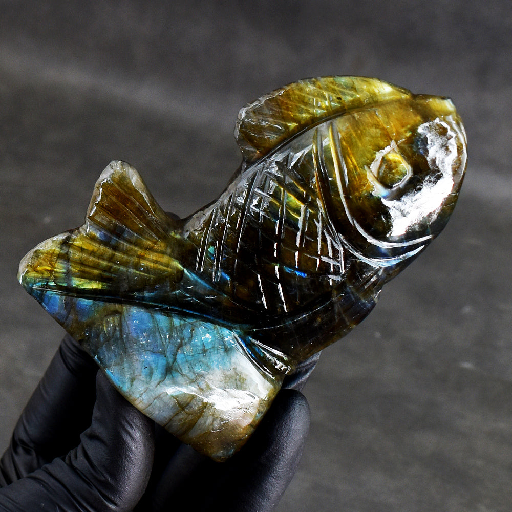 Fabulous 1100.00 Carats Genuine Amazing Flash Labradorite Hand Carved Crystal Gemstone Carving Fish