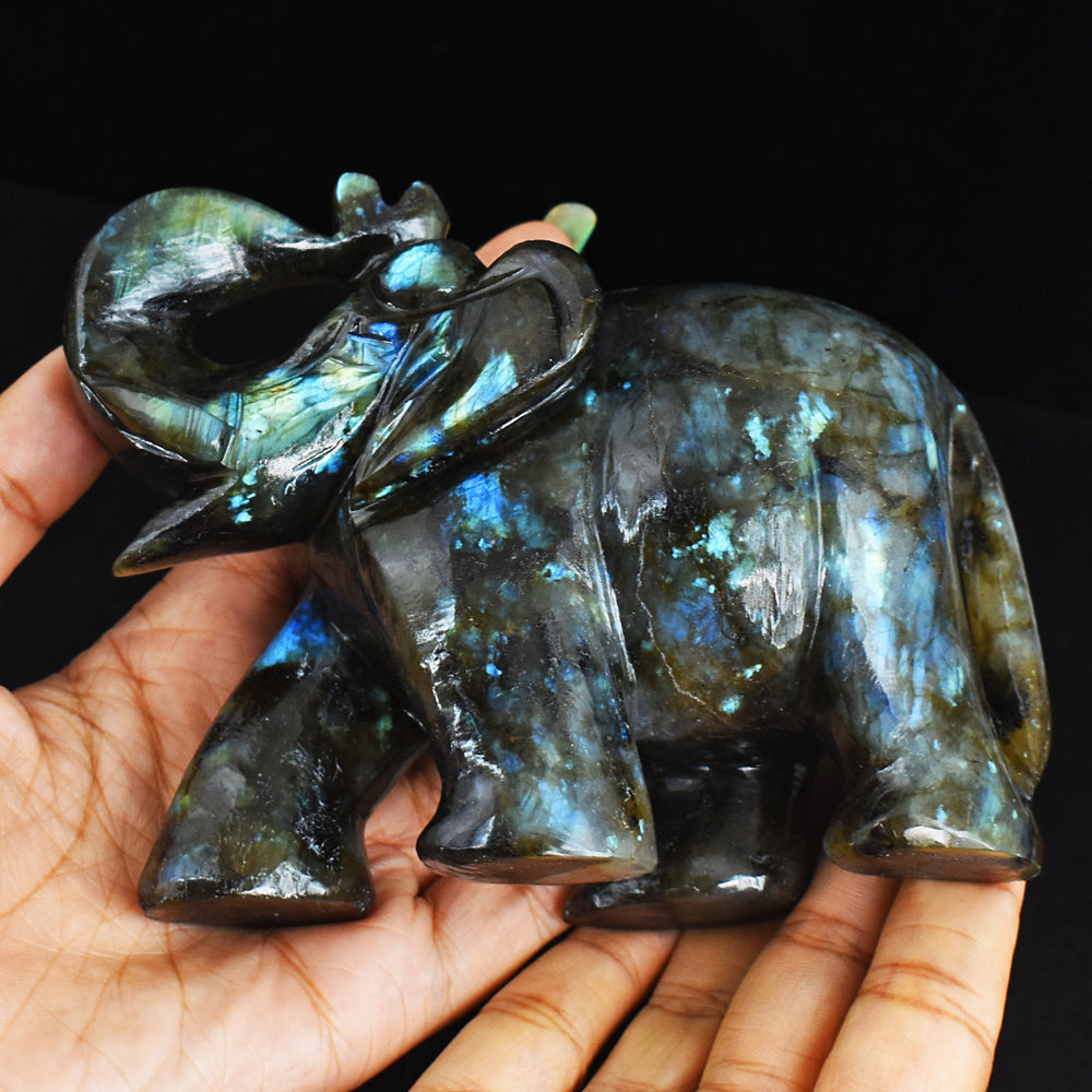 3003.00 Cts Genuine Blue & Green Flash Labradorite Hand Carved Crystal Gemstone Carving Elephant