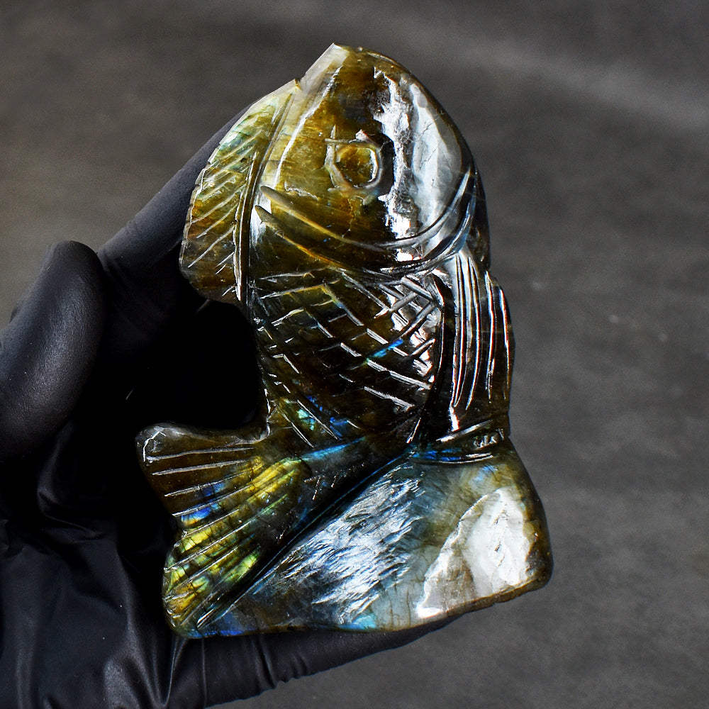 Fabulous 1100.00 Carats Genuine Amazing Flash Labradorite Hand Carved Crystal Gemstone Carving Fish