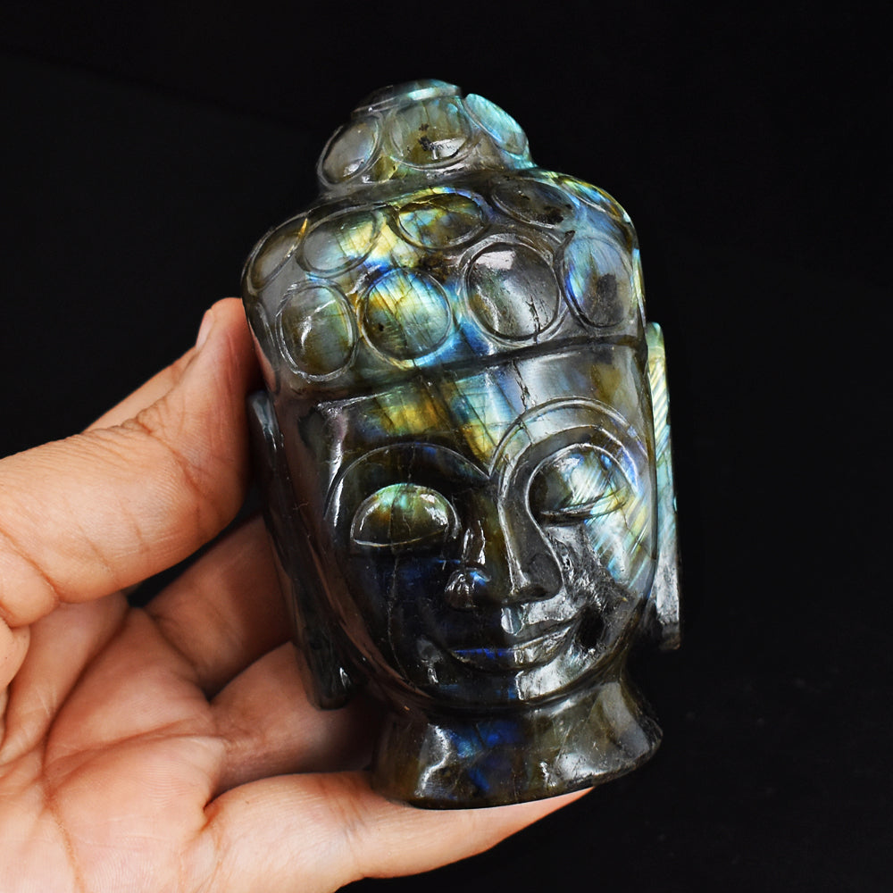 Gorgeous 1896.00 Cts Genuine Golden & Blue Flash  Labradorite Hand Carved Crystal Carving Buddha Head