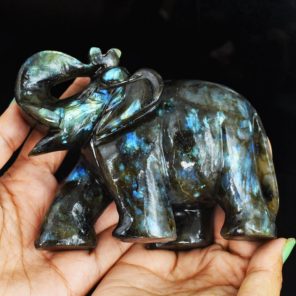 3003.00 Cts Genuine Blue & Green Flash Labradorite Hand Carved Crystal Gemstone Carving Elephant