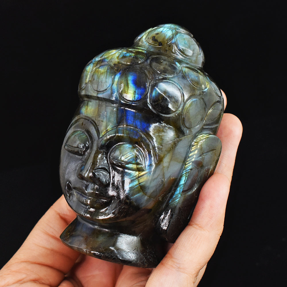 Gorgeous 1896.00 Cts Genuine Golden & Blue Flash  Labradorite Hand Carved Crystal Carving Buddha Head