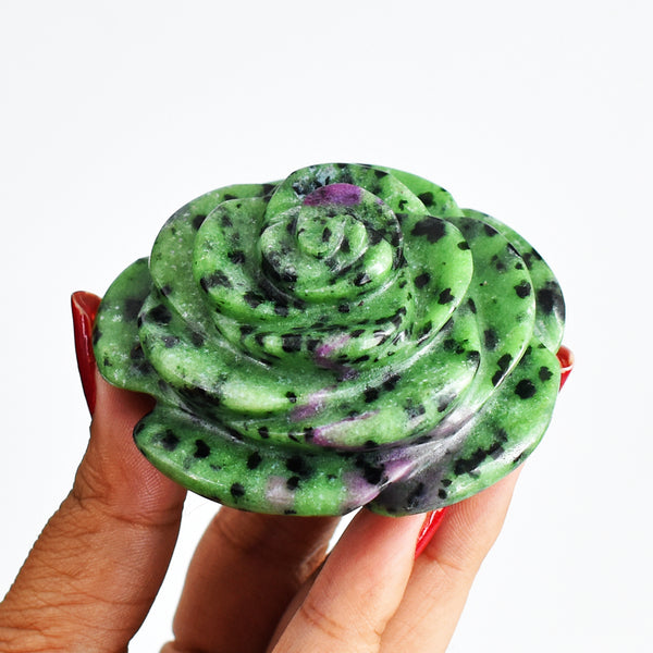 Genuine  749.00 Carats  Natural  Ruby Zoisite  Hand Carved  Rose  Flower  Gemstone Carving