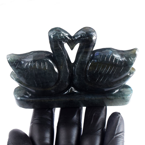 Stunning 1033.00 Cts Genuine Labradorite Carved Love Premium Swan Pair