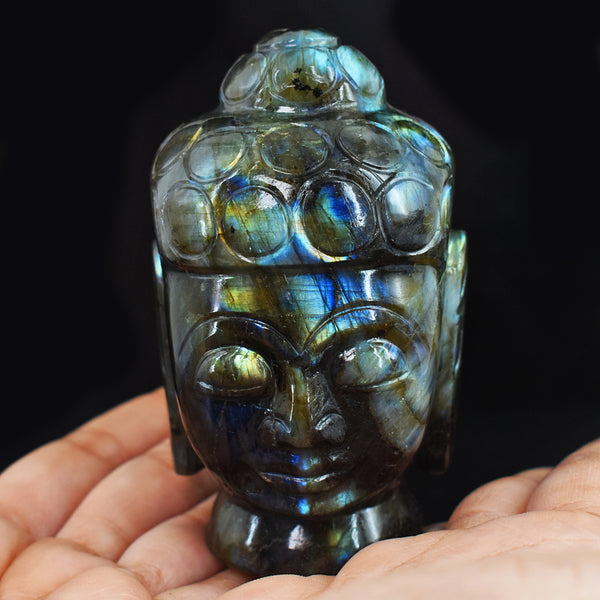 Gorgeous 1896.00 Cts Genuine Golden & Blue Flash  Labradorite Hand Carved Crystal Carving Buddha Head