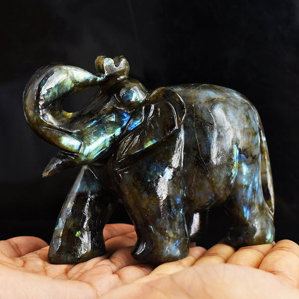 3003.00 Cts Genuine Blue & Green Flash Labradorite Hand Carved Crystal Gemstone Carving Elephant