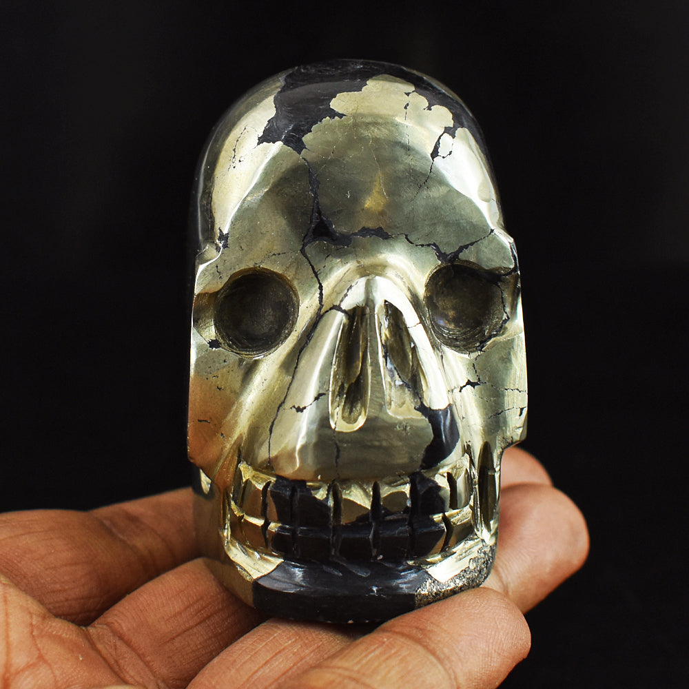 Artisian 1692.00 Carats Genuine Golden Pyrite  Hand Carved  Crystal Skull  Gemstone  Carving