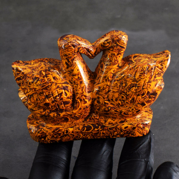 Decent 737.00 Cts Genuine Golden Art Jasper Hand Carved Premium Love Swan Pair