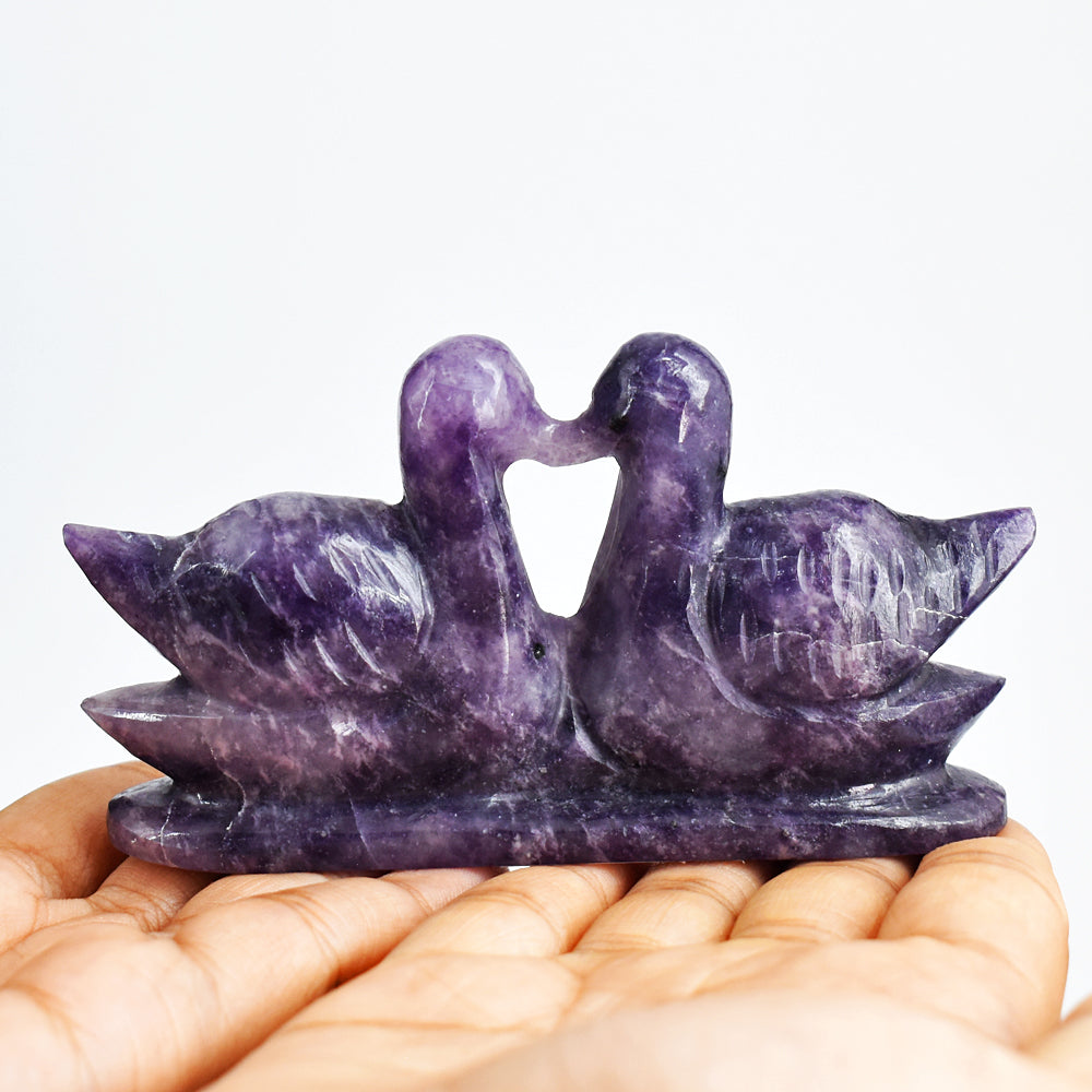 Exclusive  794.00 Carats  Genuine Lepidolite  Hand Carved  Crystal Swan Pair Gemstone Carving