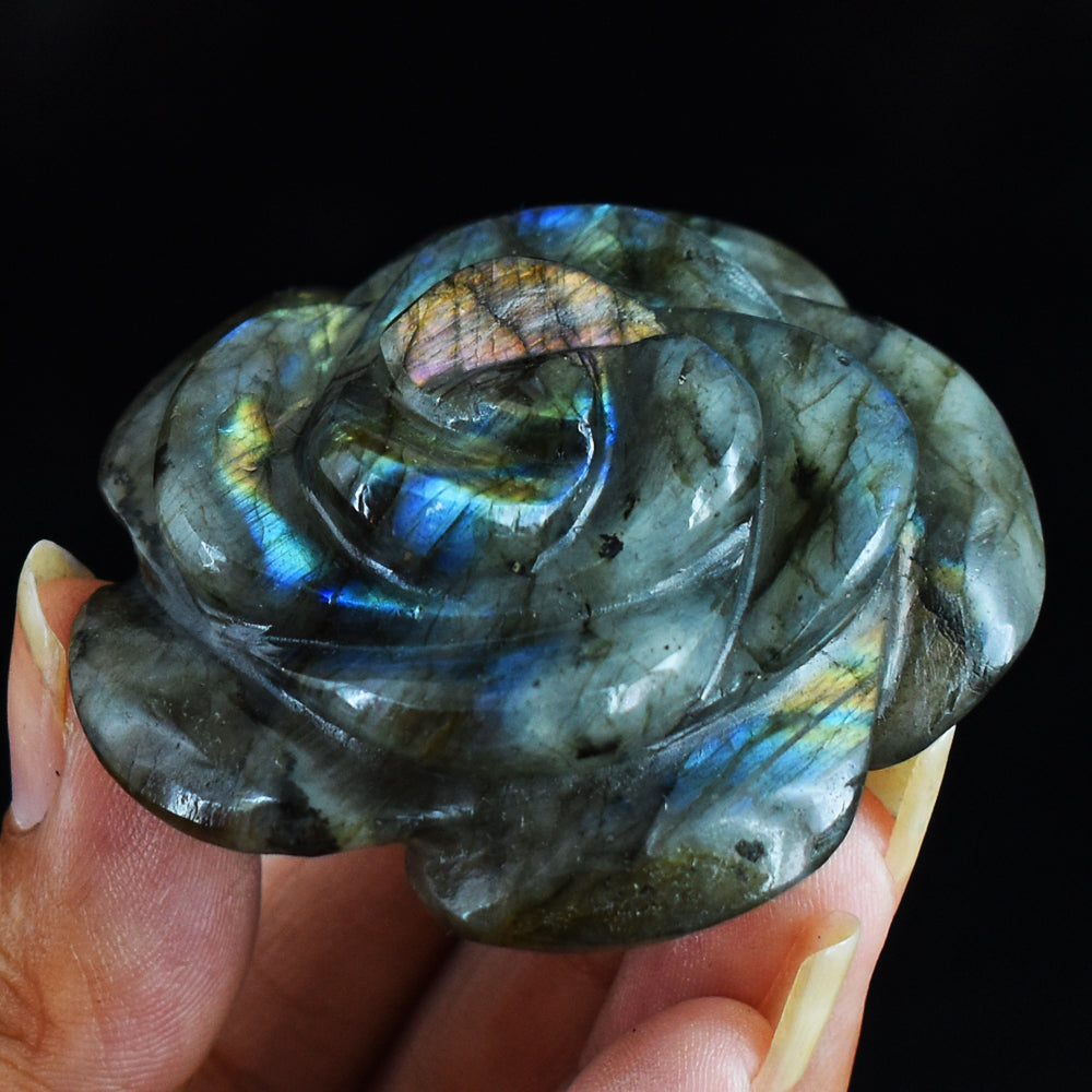 Amazing   Flash  Labradorite  237.00 Carats  Genuine   Hand  Carved  Gemstone  Rose  Flower Carving