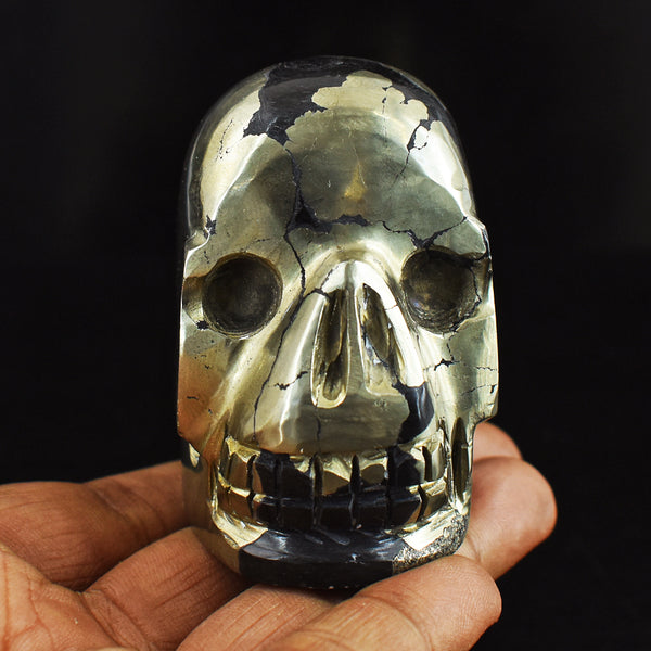 Craftsmen 1511.00 Carats  Genuine  Golden  Pyrite  Hand  Carved  Gemstone  Skull  Carving