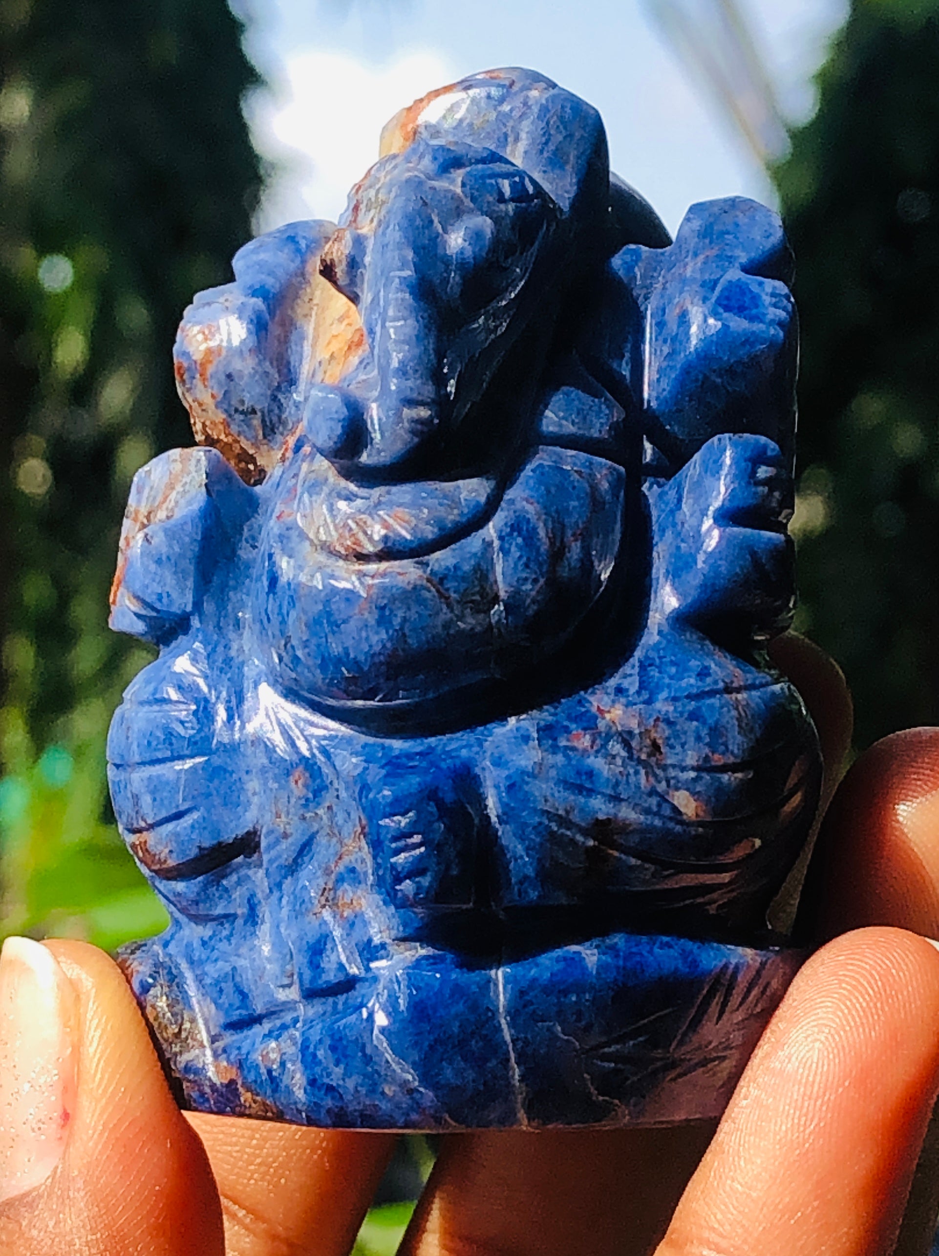 Exclusive 596.00 Cts Genuine Blue Sodalite Divine Hand Carved Crystal Lord Ganesha Carving Gemstone