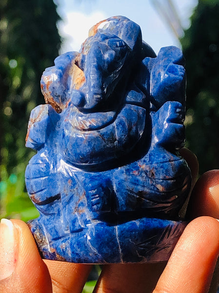 Exclusive 596.00 Cts Genuine Blue Sodalite Divine Hand Carved Crystal Lord Ganesha Carving Gemstone