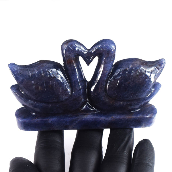Graceful 871.00 Cts Genuine Blue Iolite Carved Love Premium Swan Pair