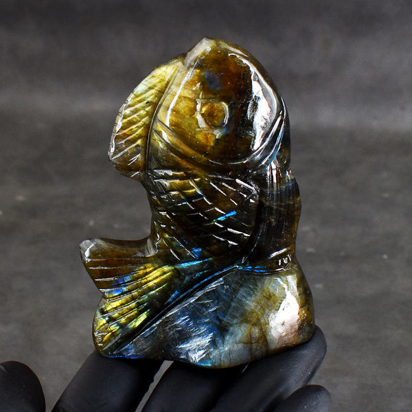 Fabulous 1100.00 Carats Genuine Amazing Flash Labradorite Hand Carved Crystal Gemstone Carving Fish