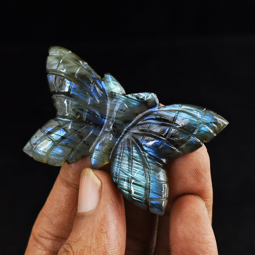 Exclusive 81.00 Carats  Genuine Blue Flash Labradorite Hand Carved Crystal Gemstone Carving Butterfly