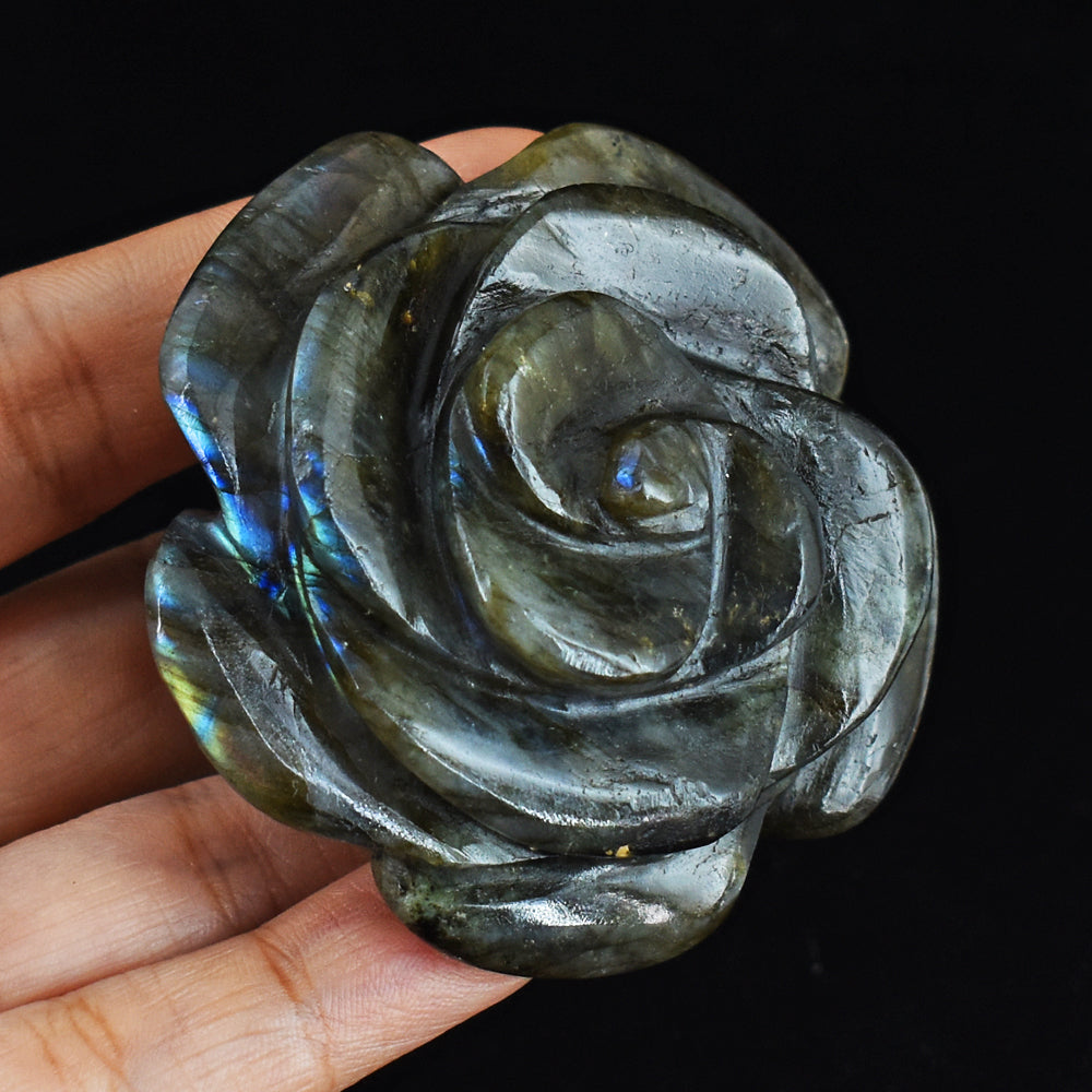 Golden & Blue Flash Labradorite 586.00 Carats  Genuine Hand Carved Crystal Rose Flower Gemstone