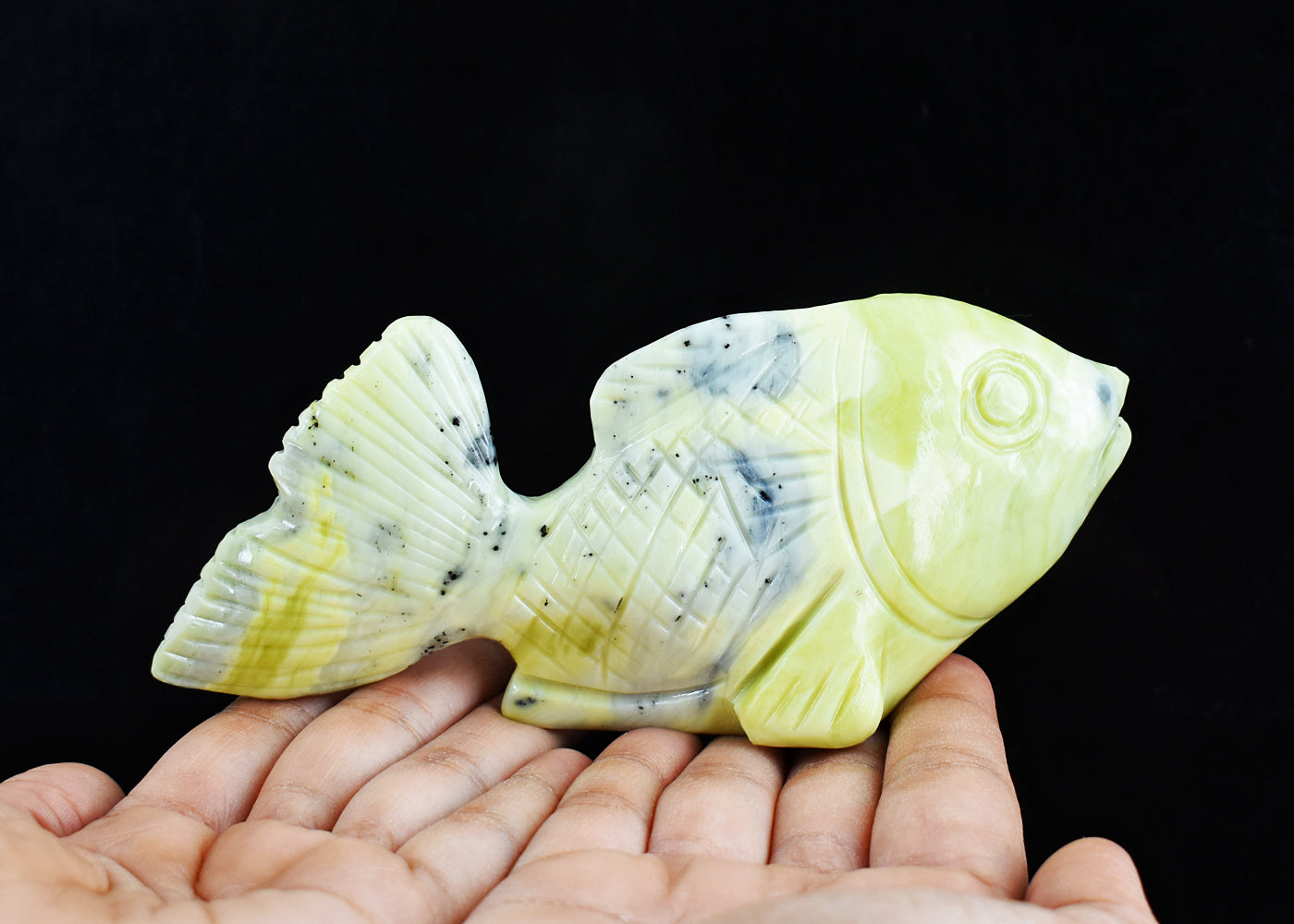 Amazing  1284.00  Carats  Genuine Green Opal Hand Carved Crystal Gemstone Fish Carving