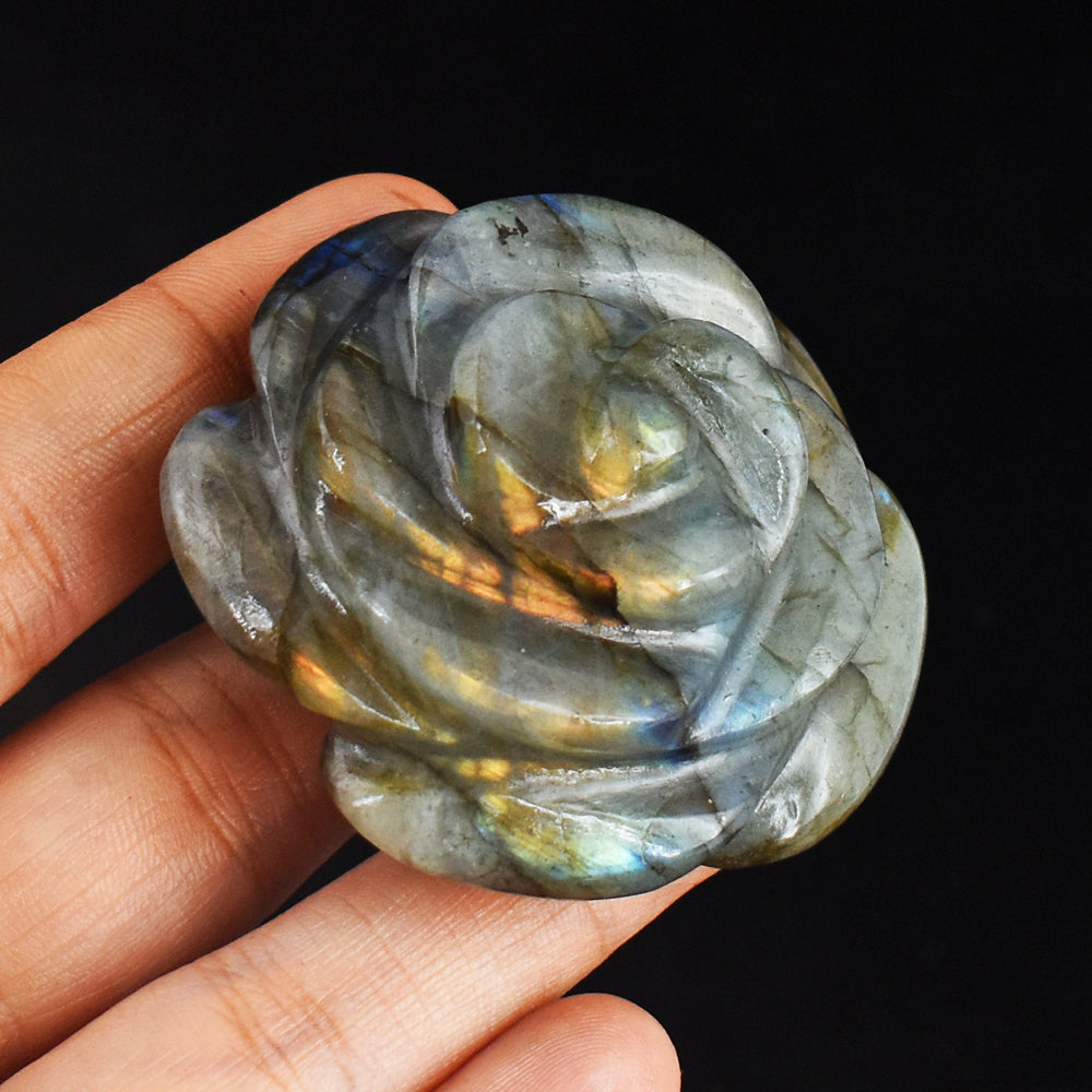 378.00 Carats Genuine Golden & Blue Flash Labradorite Hand Carved Gemstone Crystal Rose Flower Carving