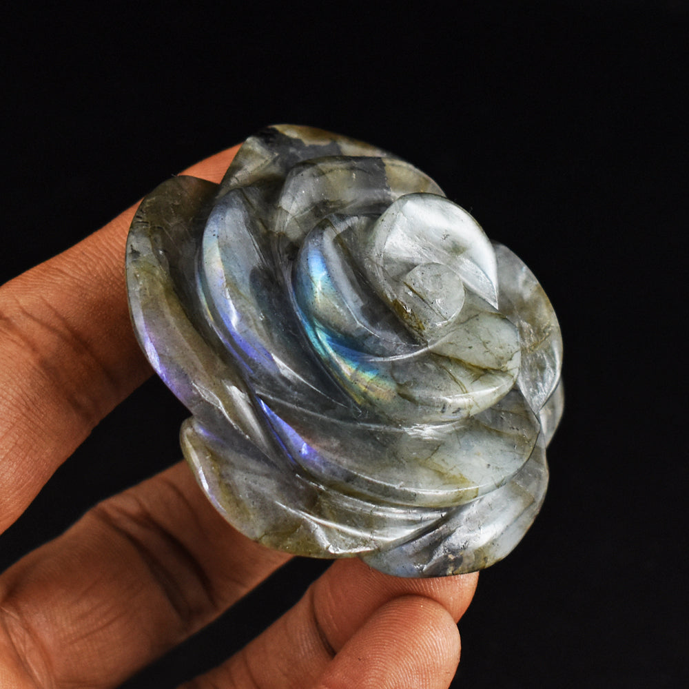 Artisian 341.00 Cts Blue Flash  Labradorite Hand Carved Crystal Rose Flower Gemstone Carving