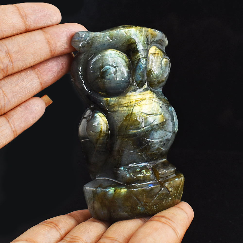 Beautiful 1270.00 Cts  Amazing Flash Labradorite Hand Carved Genuine Crystal Gemstone Owl Carving