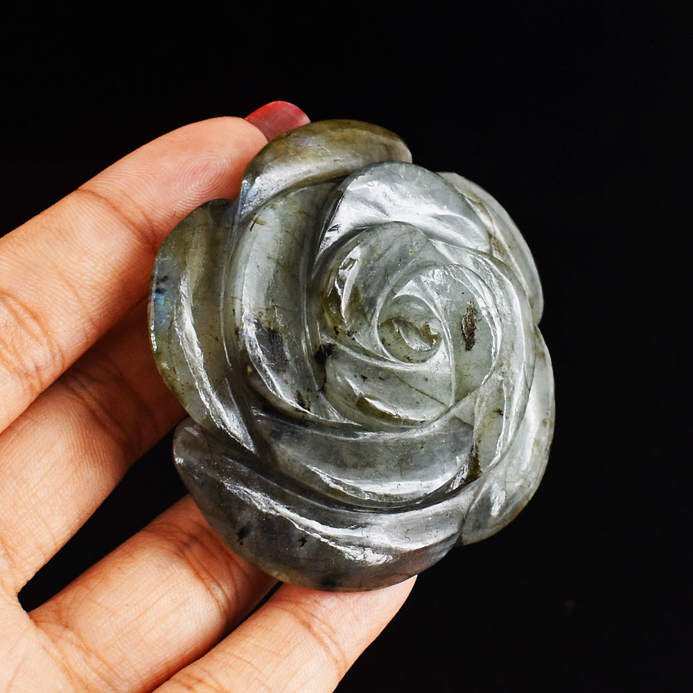 Golden & Blue  Flash Labradorite 366.00 Carats  Genuine  Hand Carved  Gemstone  Rose Flower Carving