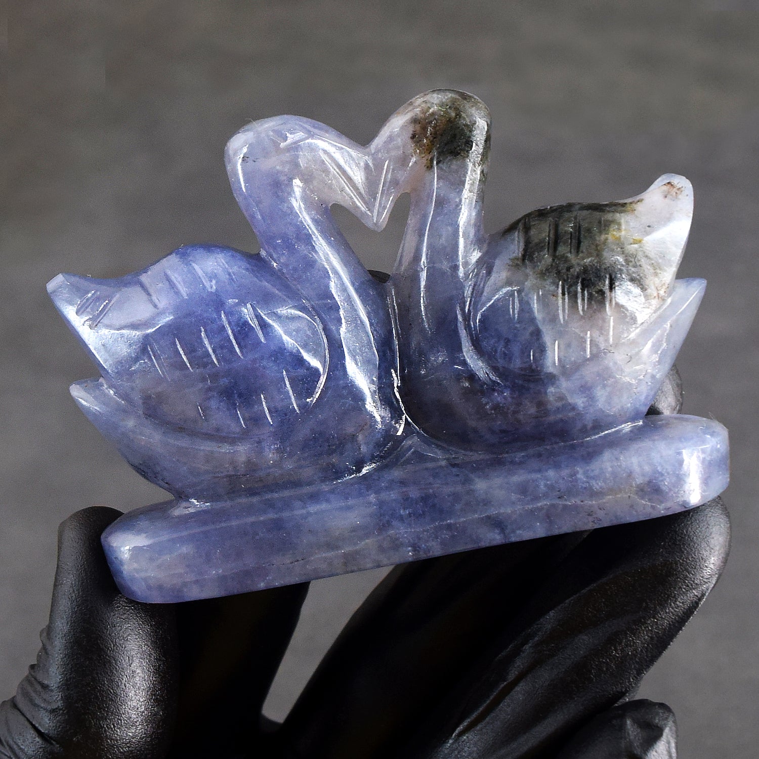 Elegant 483.00 Cts Genuine Blue Iolite Carved Premium Love Swan Pair