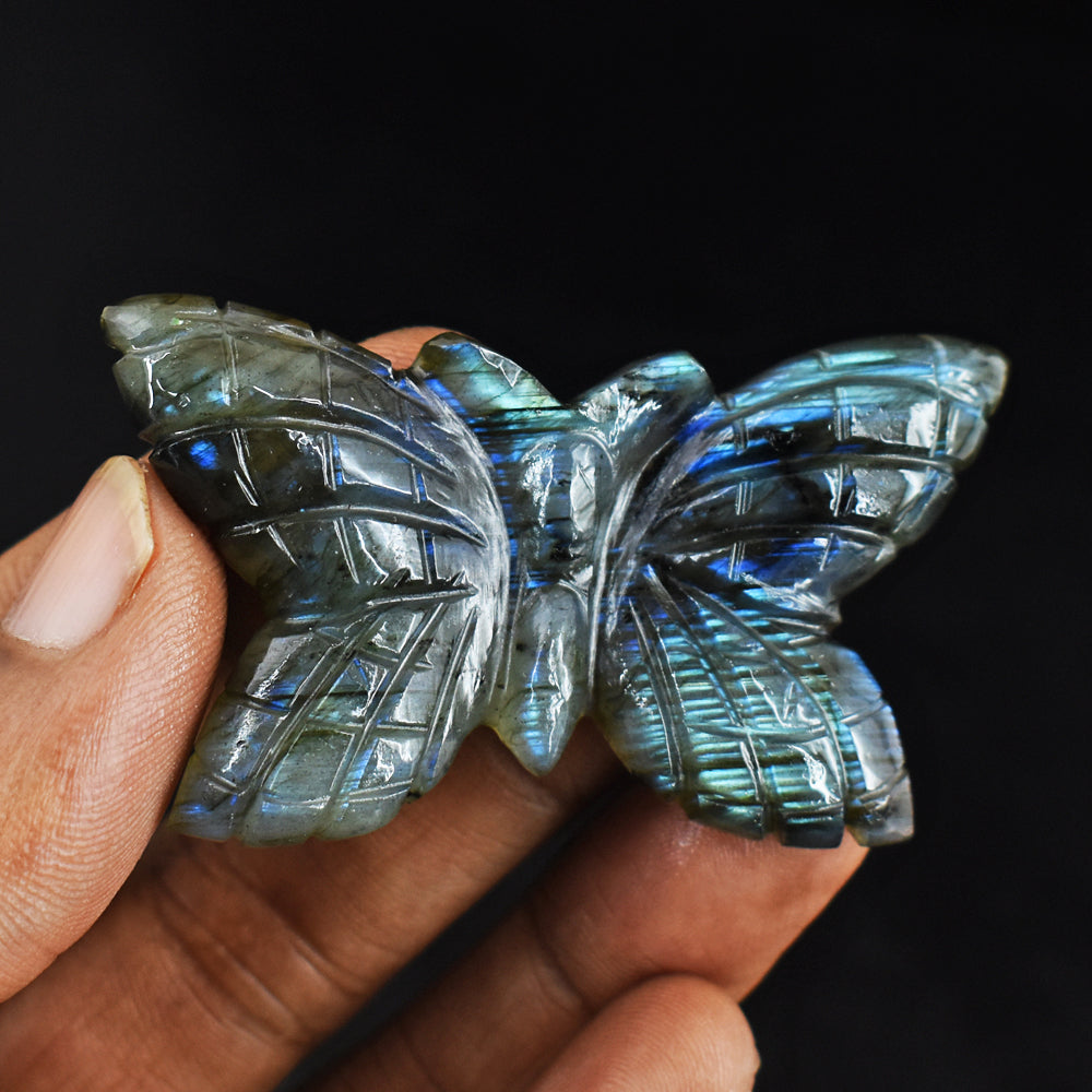Exclusive 81.00 Carats  Genuine Blue Flash Labradorite Hand Carved Crystal Gemstone Carving Butterfly