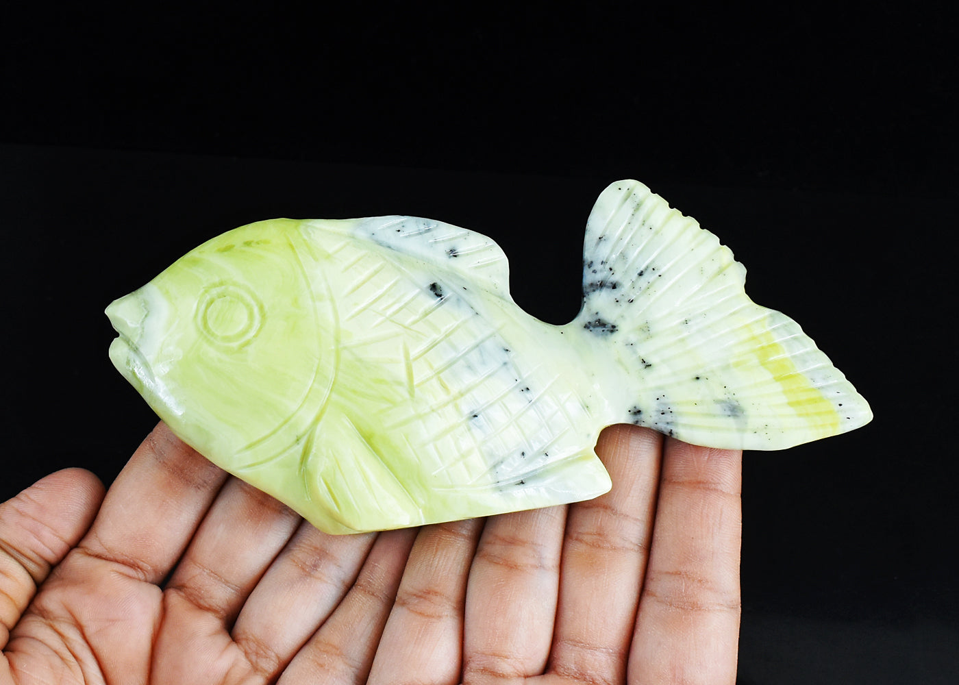 Amazing  1284.00  Carats  Genuine Green Opal Hand Carved Crystal Gemstone Fish Carving