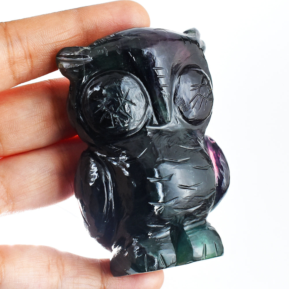 Exclusive 1032.00 Cts Genuine Multicolor Fluorite Hand Carved Crystal Gemstone Owl Carving