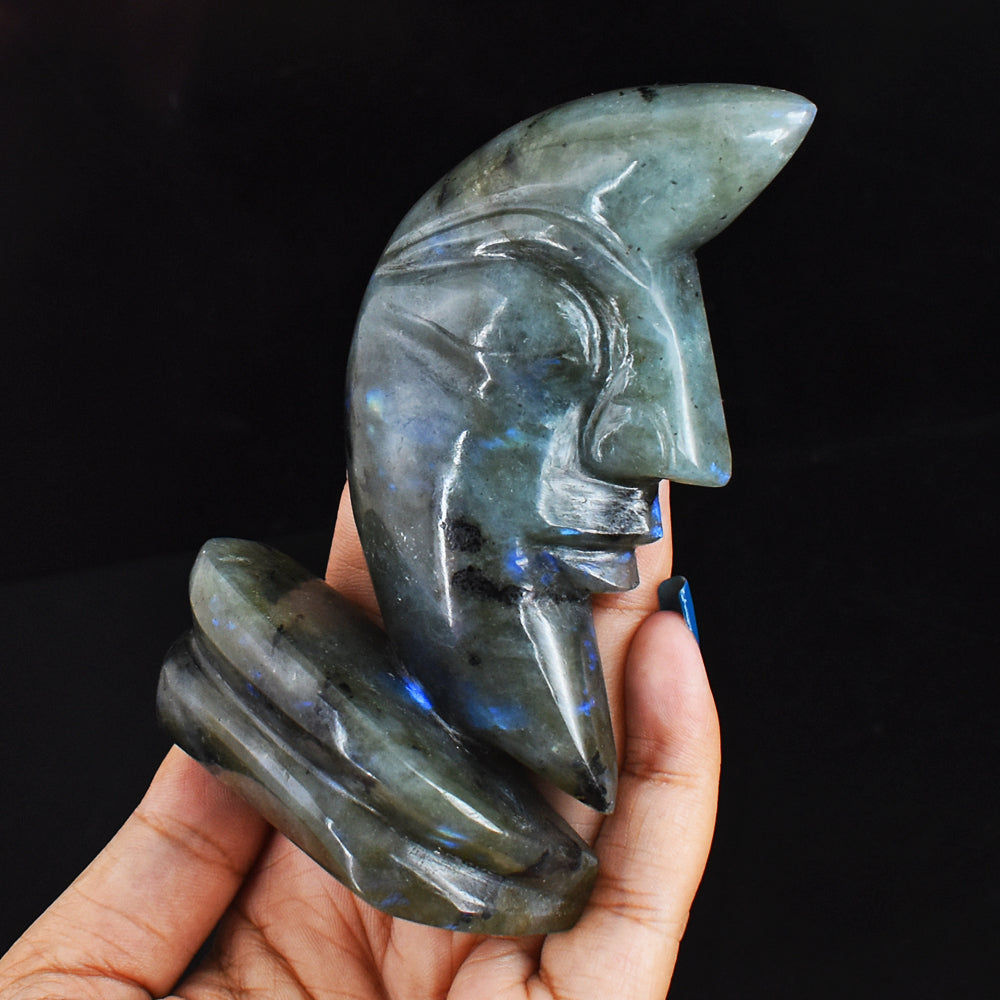 Genuine  950.00 Carats Blue Flash Labradorite Moon With Stand Hand Carved Gemstone Carving