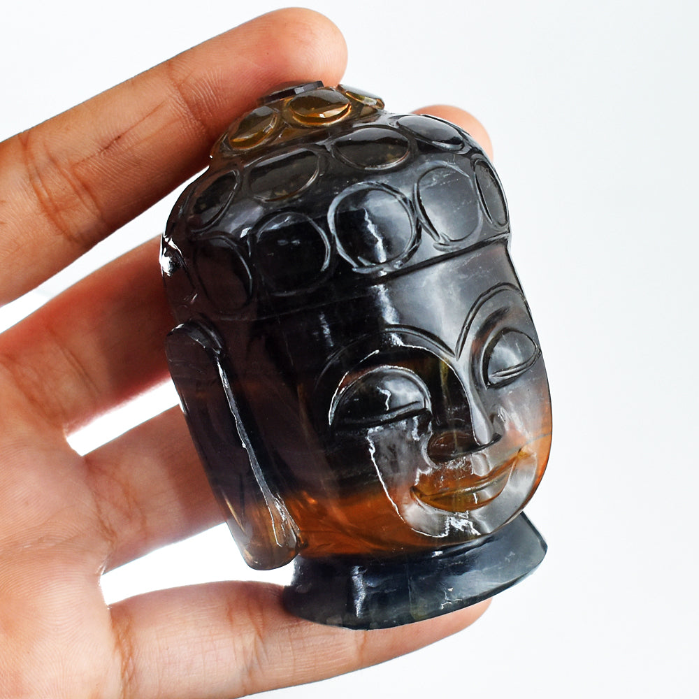 Genuine 1536.00 Carats Multicolor Fluorite Hand Carved Crystal Buddha Head Gemstone Carving