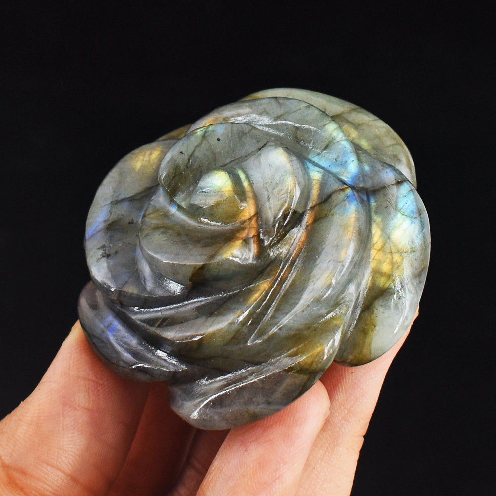 378.00 Carats Genuine Golden & Blue Flash Labradorite Hand Carved Gemstone Crystal Rose Flower Carving