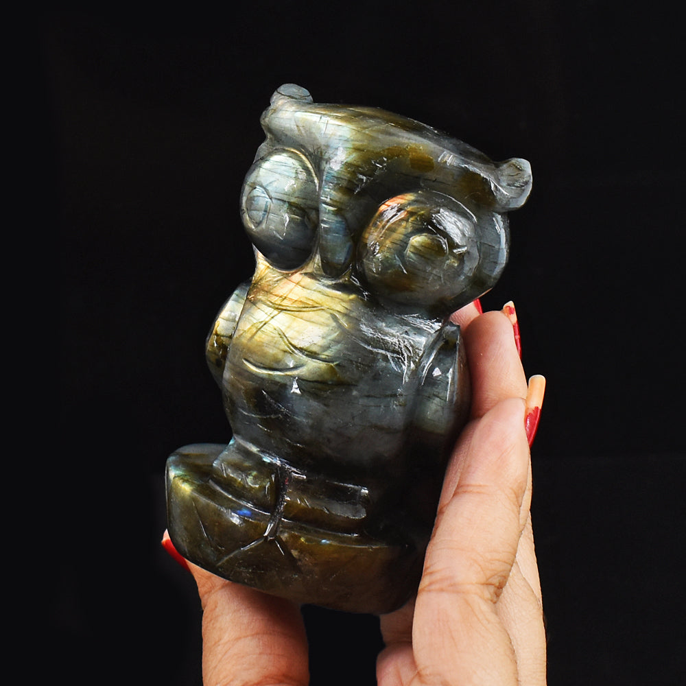 Beautiful 1270.00 Cts  Amazing Flash Labradorite Hand Carved Genuine Crystal Gemstone Owl Carving