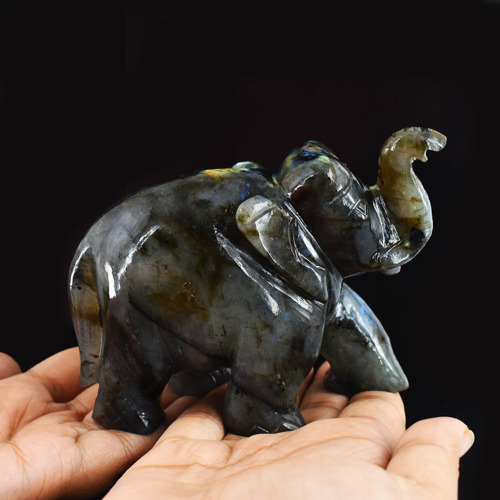 Genuine 2320.00 Cts Golden & Blue Flash Labradorite Hand Carved Gemstone Carving Elephant
