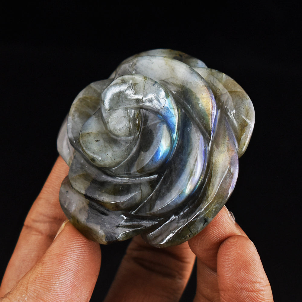 Artisian 341.00 Cts Blue Flash  Labradorite Hand Carved Crystal Rose Flower Gemstone Carving