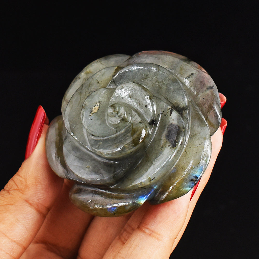 Golden & Blue  Flash Labradorite 366.00 Carats  Genuine  Hand Carved  Gemstone  Rose Flower Carving