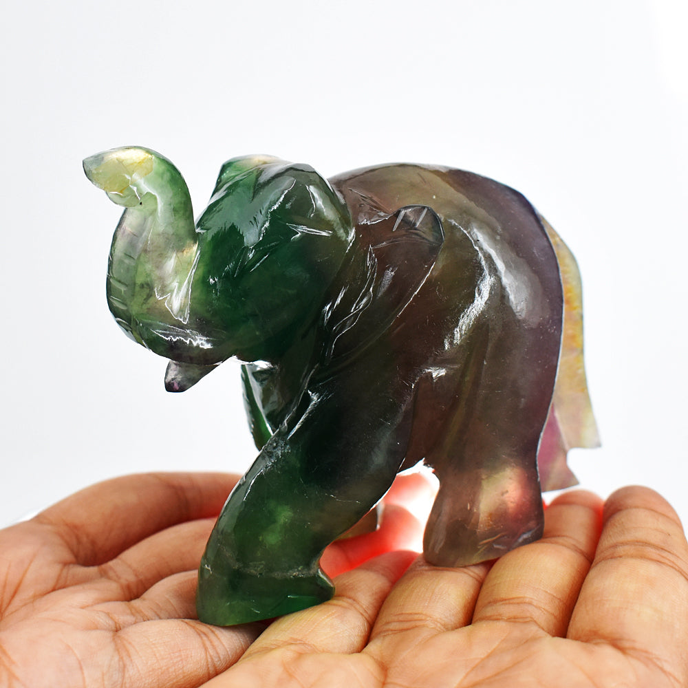 Genuine 1744.00 Cts Multicolor  Fluorite Hand Carved Crystal Gemstone Carving Elephant